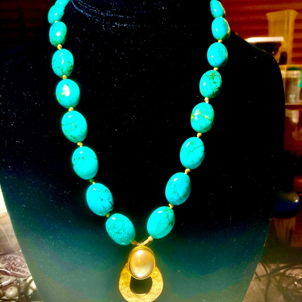 Blue and Gold Statement Necklace with Circular Pendant